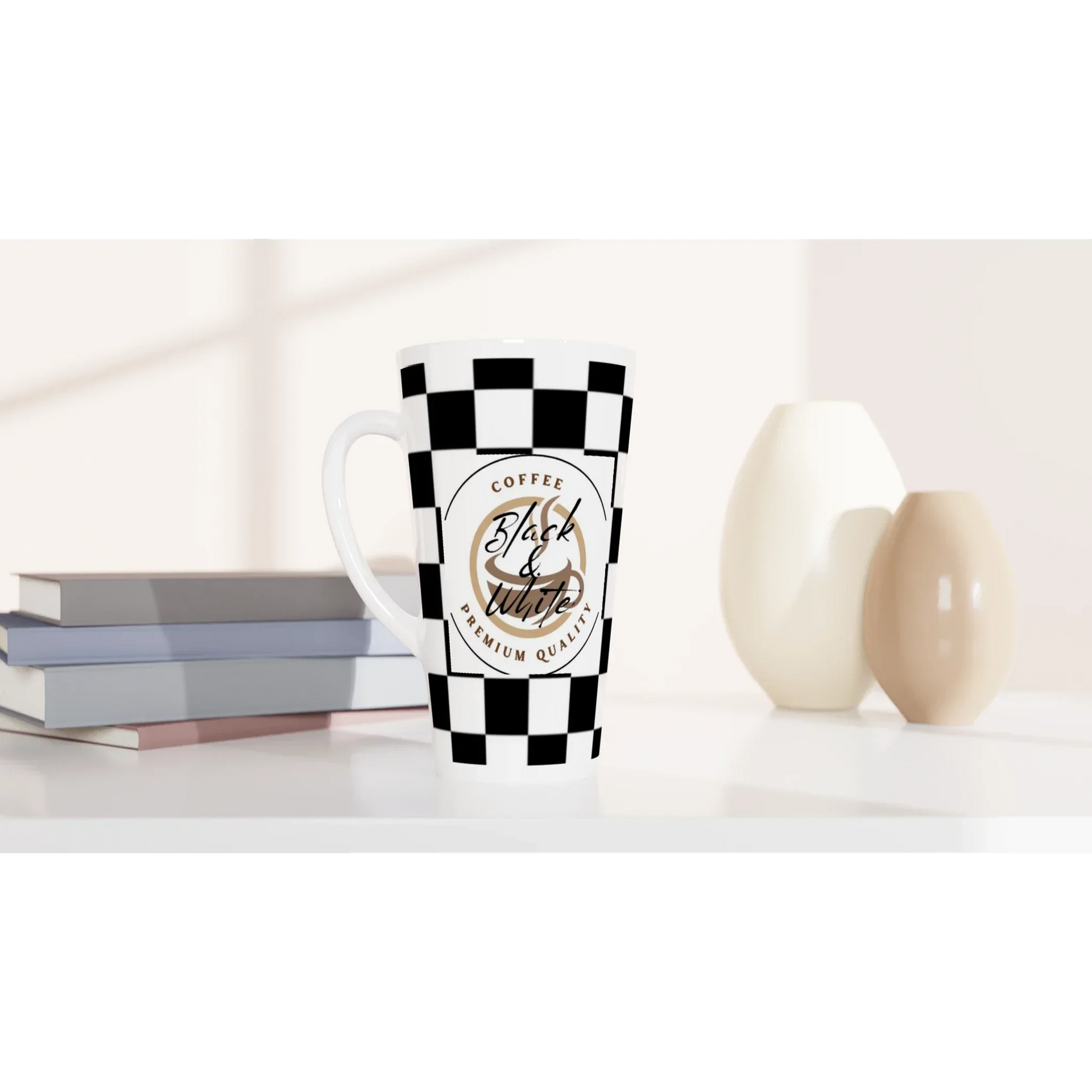 Elegant Black and White Checkered Ceramic Latte Mug - 17oz Coffee Cup
