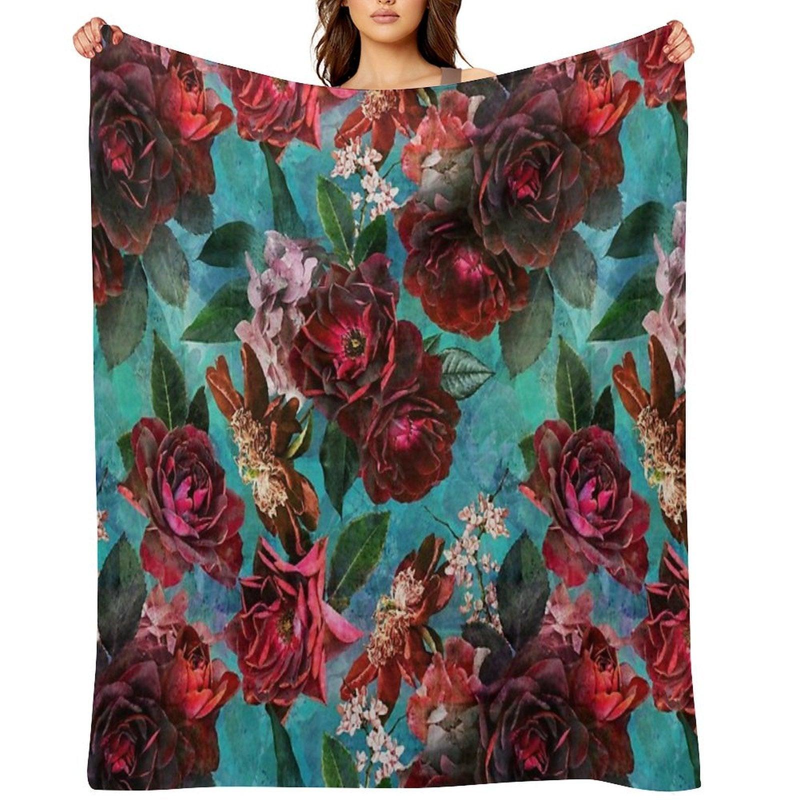 Turquoise Vintage Summer Roses Botanical Garden NightGarden Throw Blanket