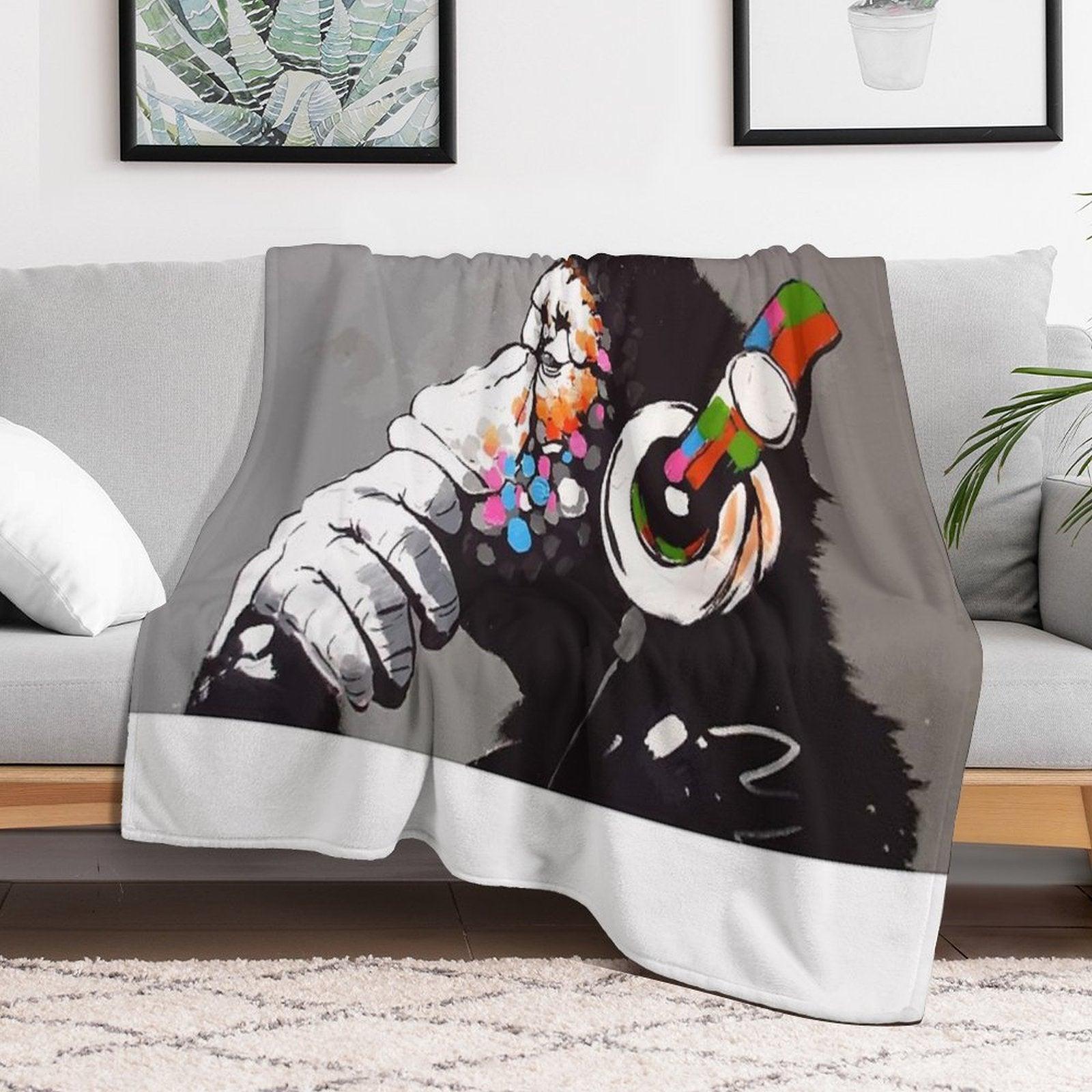 Banksy DJ Monkey Thinker with Headphones Throw Blanket