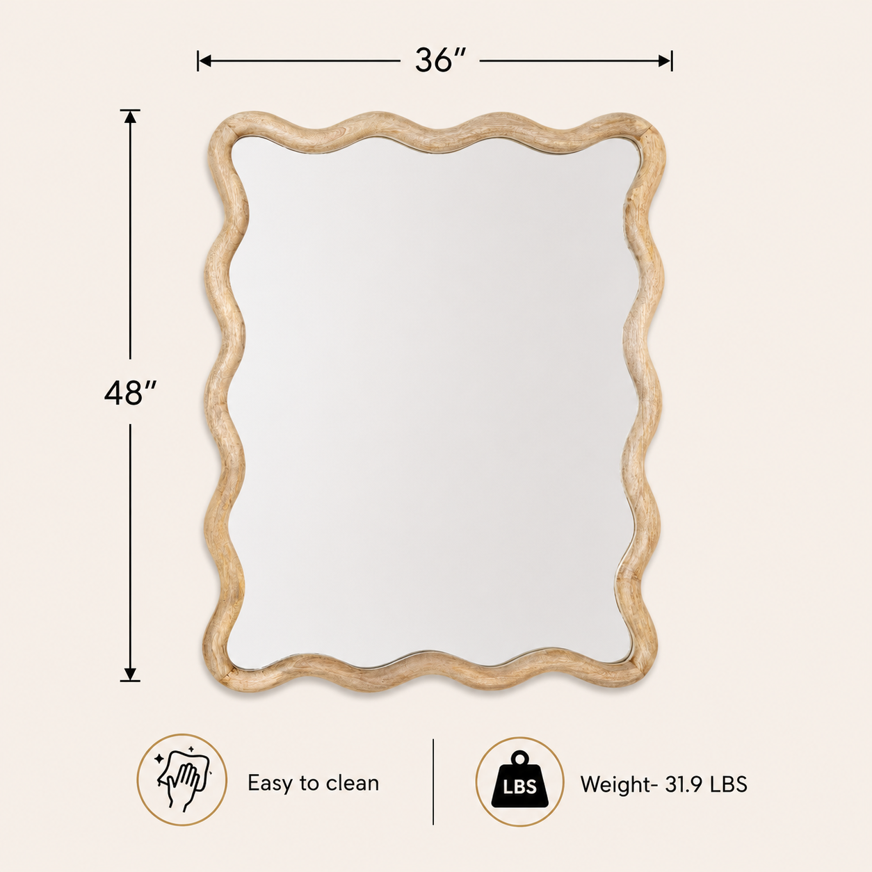 Decorative Wavy Wall Mirror with Mango Wood Frame, 36x48