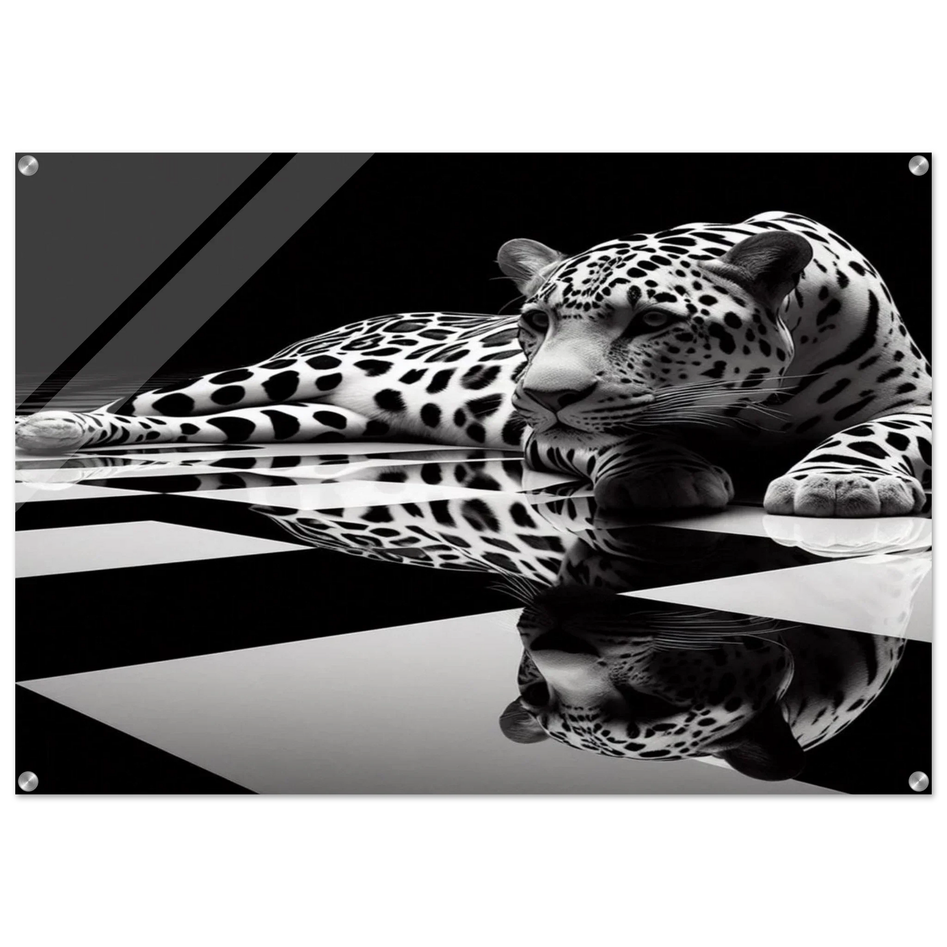 Leopard Acrylic Print on Black and White Checkered Floor – Glossy Finish Wall Art
