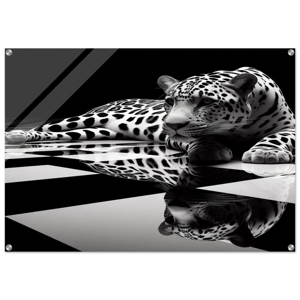 Leopard Acrylic Print on Black and White Checkered Floor – Glossy Finish Wall Art