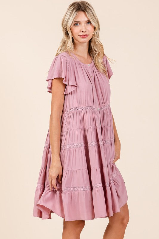 Lace Detail Ruffled Button Down Tiered Dress For Women – Romantic, Fluttering, Delicate, Feminine & Elegant Design