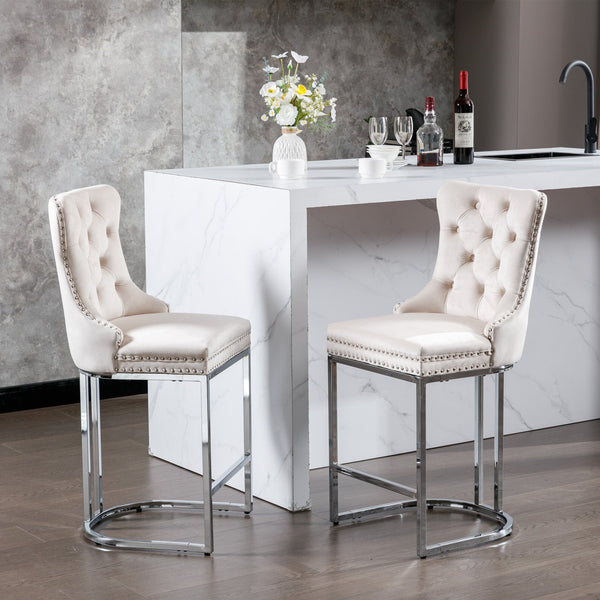 Counter Height Velvet Bar Stools with Button Back & Rivet Trim Upholstered Seats