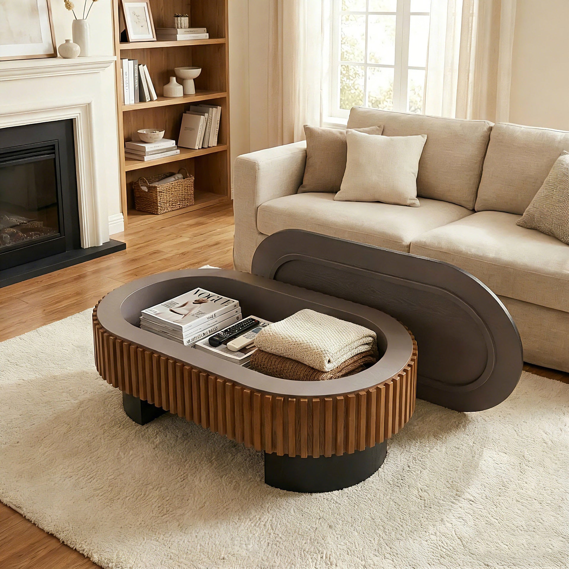 French Inspired Elliptical Living Room Coffee Table with Hidden Storage