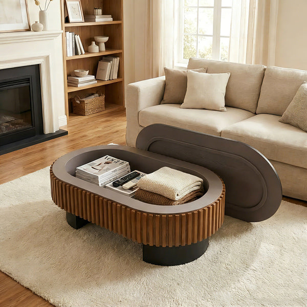 French Inspired Elliptical Living Room Coffee Table with Hidden Storage