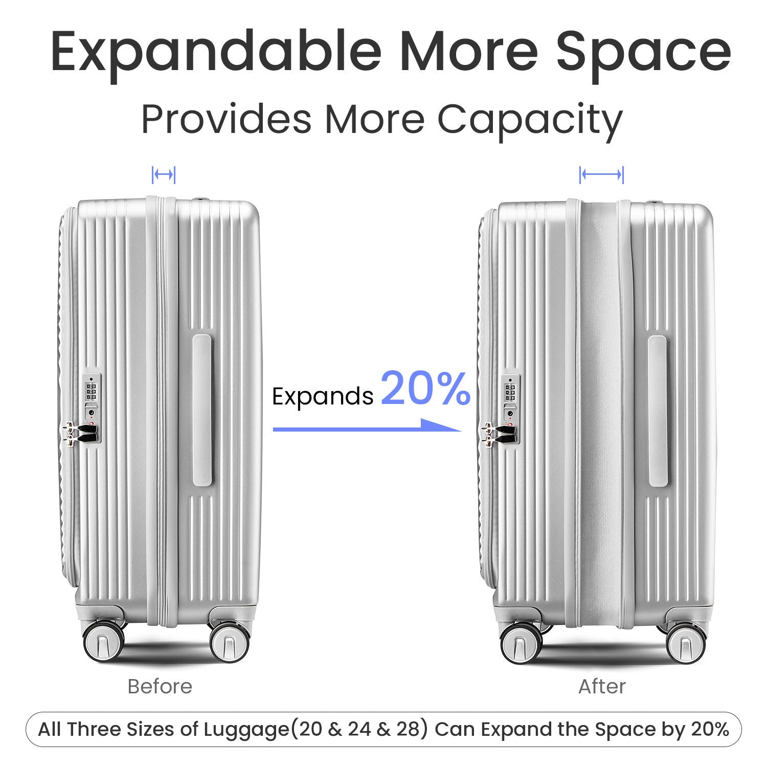 Luggage Sets 3 Piece(20/24/28), Expandable Carry On Luggage with TSA Lock Airline Approved, 100% PC Hard Shell and Lightweight Suitcase with Front Pocket and Spinner Wheels