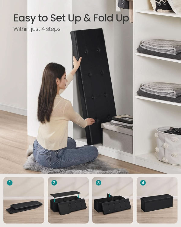 43 Inch Folding Storage Ottoman Black Synthetic Leather