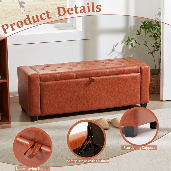 Storage Ottoman Tufted Leather Reddish Brown Bench