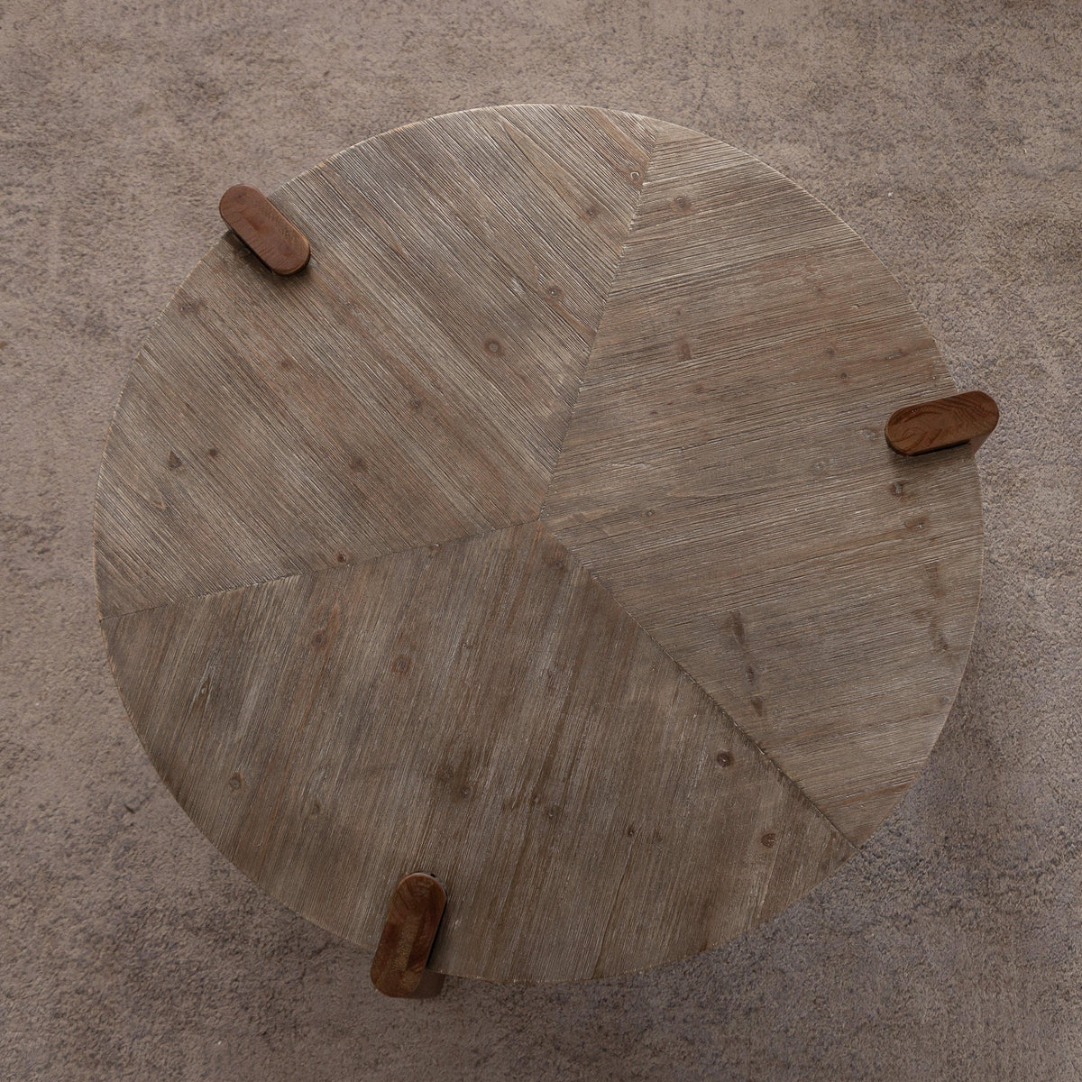 Rustic Round Wood Coffee Table with Herringbone Top