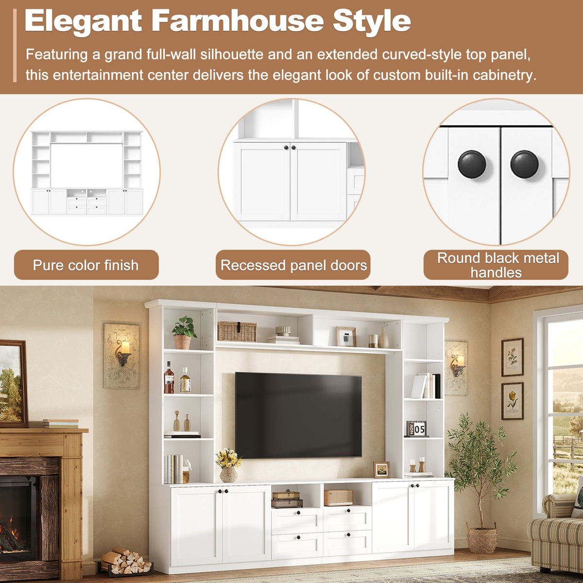 Farmhouse Elegant Entertainment Center Wall Unit