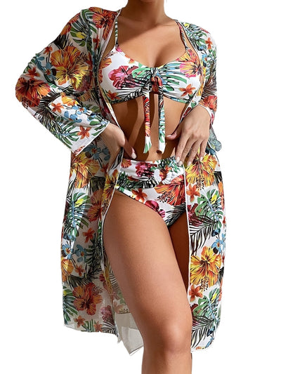New Tropical Bloom 3-Piece Swimsuit Set – High Waist Floral Fluttering Bikini with Crew Neck Top Spaghetti Straps and Matching Long Sleeve Cover-Up – Stylish Stretchy Women’s Swimwear for Beach & Summer Escapes
