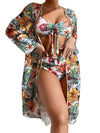 New Tropical Bloom 3-Piece Swimsuit Set – High Waist Floral Fluttering Bikini with Crew Neck Top Spaghetti Straps and Matching Long Sleeve Cover-Up – Stylish Stretchy Women’s Swimwear for Beach & Summer Escapes