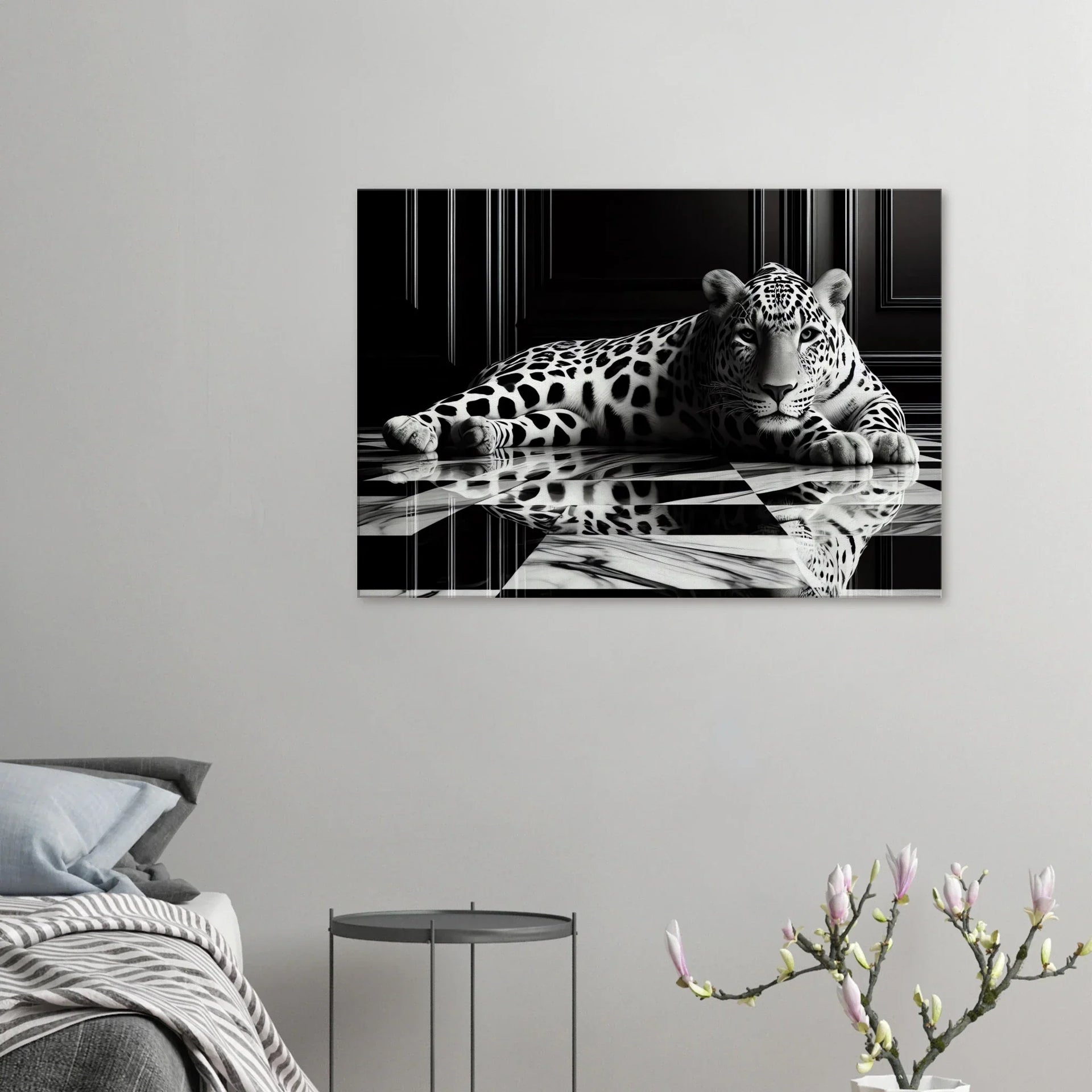 Leopard Canvas Art Print – Striking Design on Black & White Checkered Marble Floor