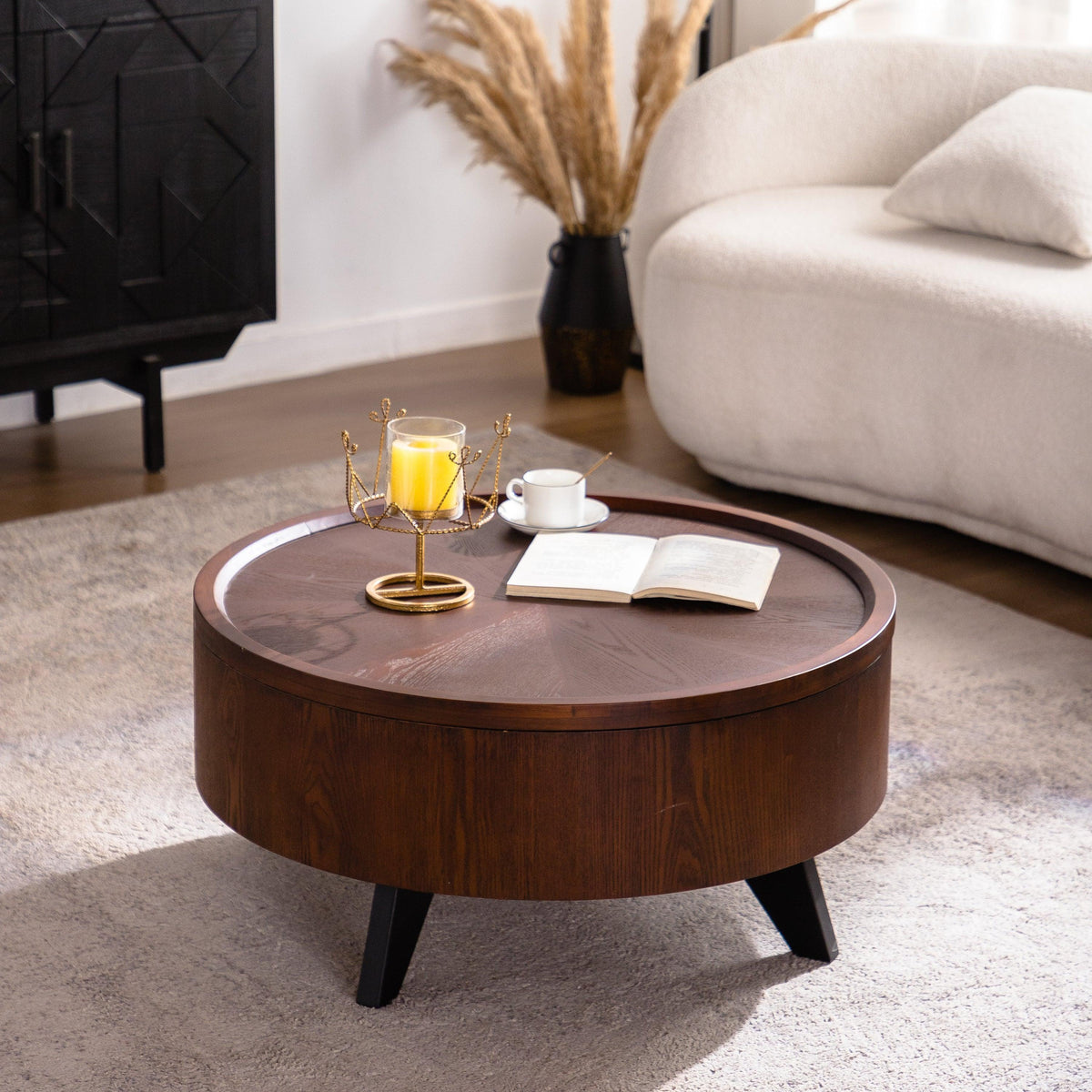 Mid-Century Modern Flip-Top Round Walnut Coffee Table with Hidden Storage