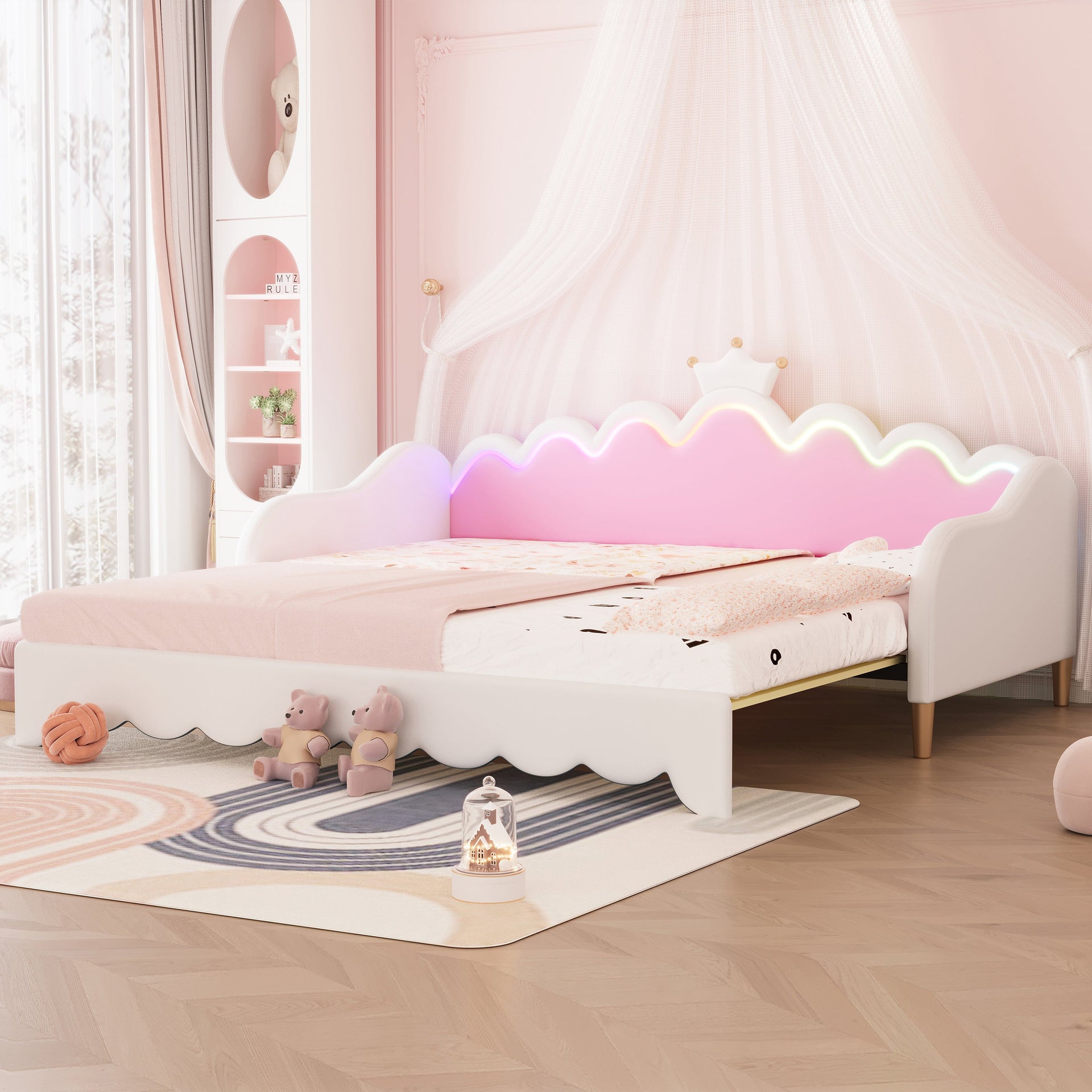 Twin Extending Daybed with LED Lights, Modern Upholstered Princess Daybed