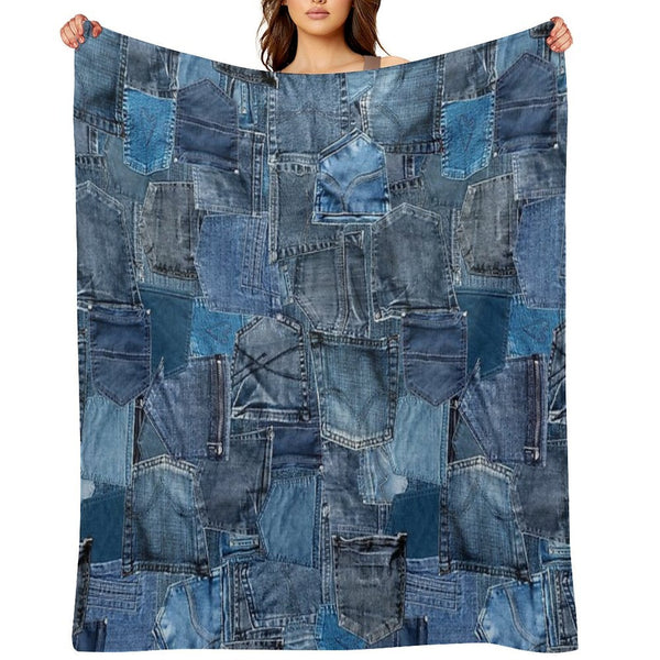 Photograph of Blue Denim Jeans Pocket Patchwork ONLY - Not Real Plush Throw Blanket