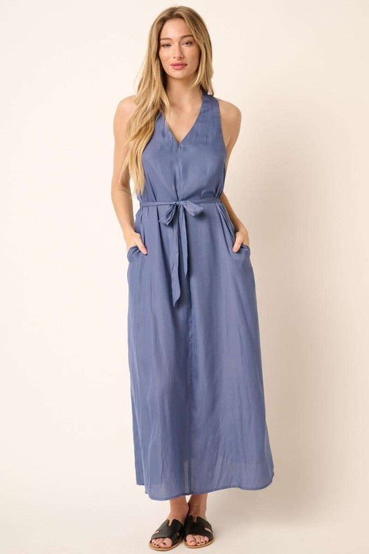 Cross Back Belted V-Neck Tank Maxi Dress For Women – Effortlessly Chic Elegant and Flattering Maxi Dress with Unique Cross Back Detail