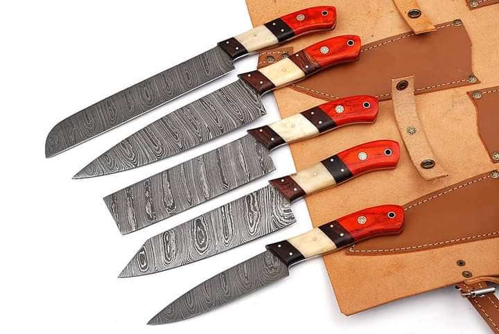 Custom Handmade Damascus Kitchen Knife – 13” with Camel Bone, Pakka Wood, or Rosewood Handle & Leather Roll Kit