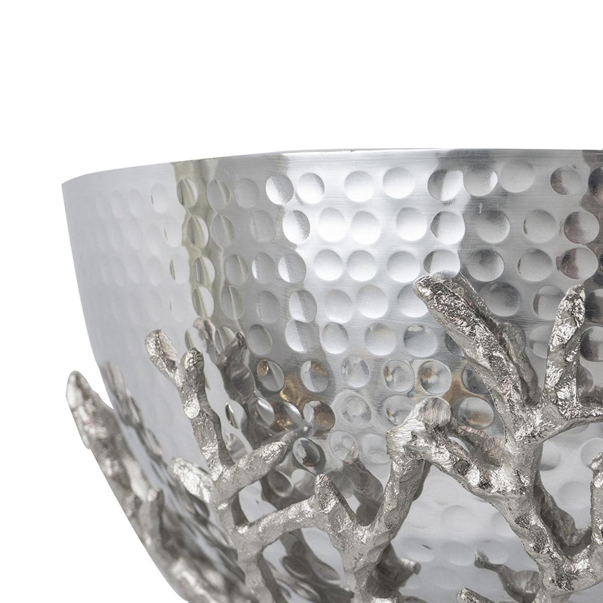 Silver Aluminum Decorative Pedestal Bowl with Sculptural Branch Base – Modern Centerpiece