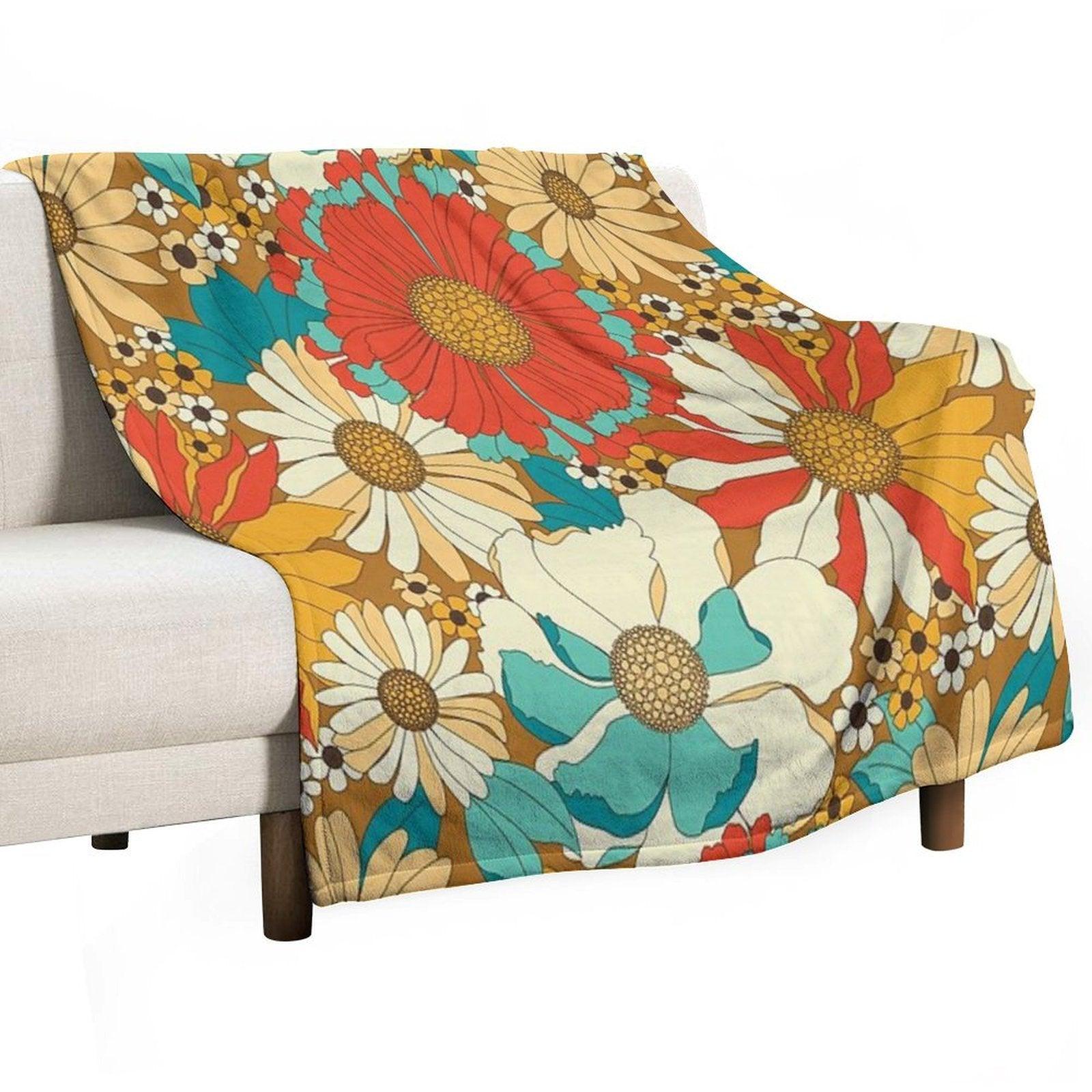 Red, Orange, Turquoise & Brown Retro Floral Pattern Throw Blanket