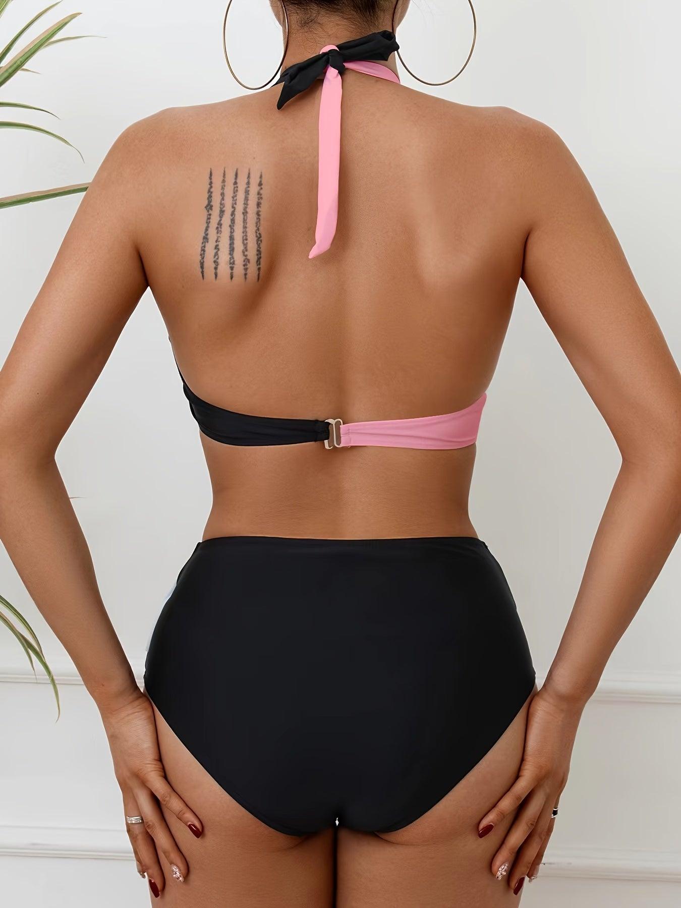 Bikini Black and White Contrast Color Criss Cross Neck 2 Piece Swimsuit for Women – Stylish Medium Stretch Two-Tone Bikini Set with Unique Neckline and Flattering Fit – Modern Swimwear for Beach Days, Pool Lounging, and Summer Escapes