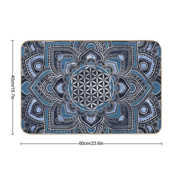 Flower of Life in Lotus Mandala - Blue Crystal And Silver Bath Mat