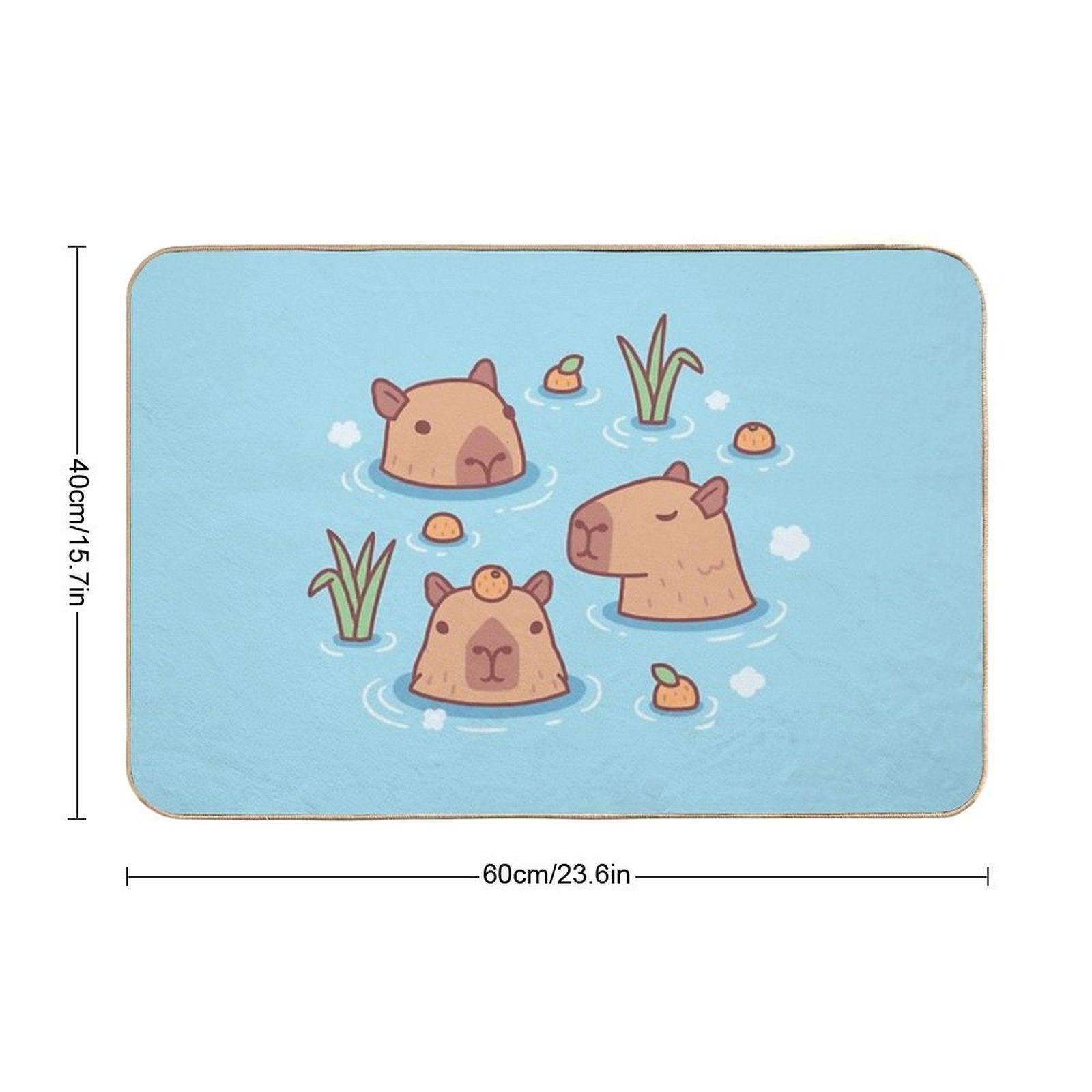 Cute Capybaras Chilling in Hot Spring With Oranges Bath Mat