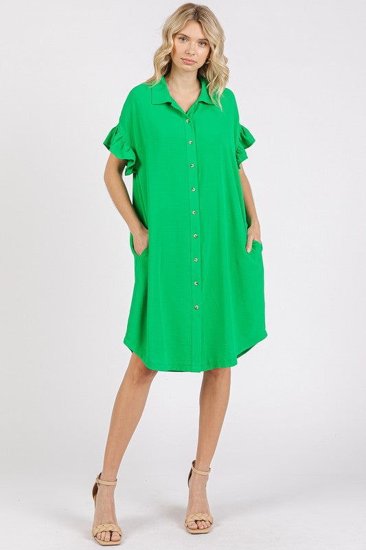 Button Down Flounce Sleeve Dress with Pockets – Casual, Comfortable, Feminine and Functional Dress with Button Front and Flounce Sleeves