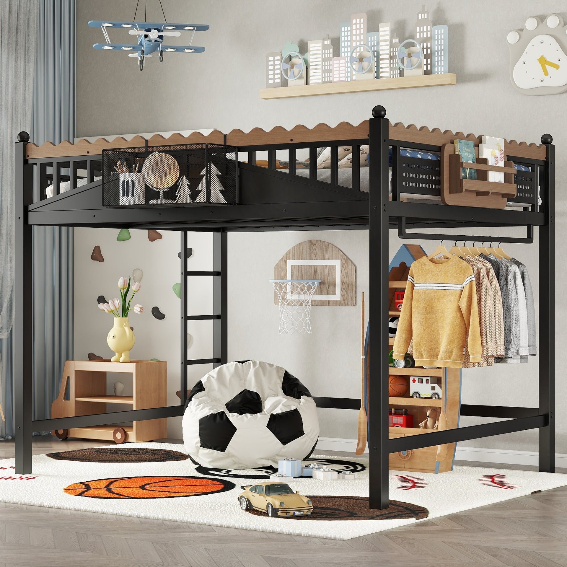 Queen Size Loft Bed With Ladders, Metal Loft Bed With Storage Shelves