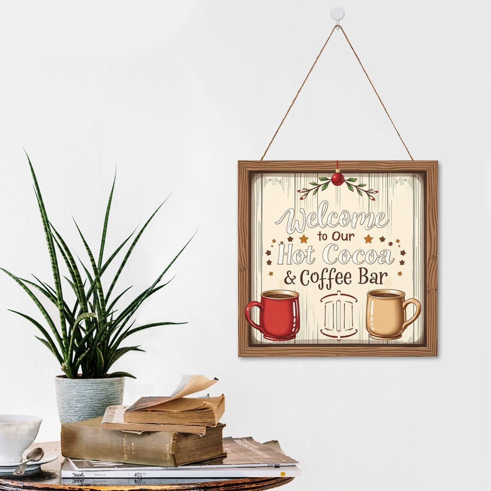 Welcome Coffe Bar Christmas Hot Cocoa Sign Square Wood Wall Decor Hanging Sign-12