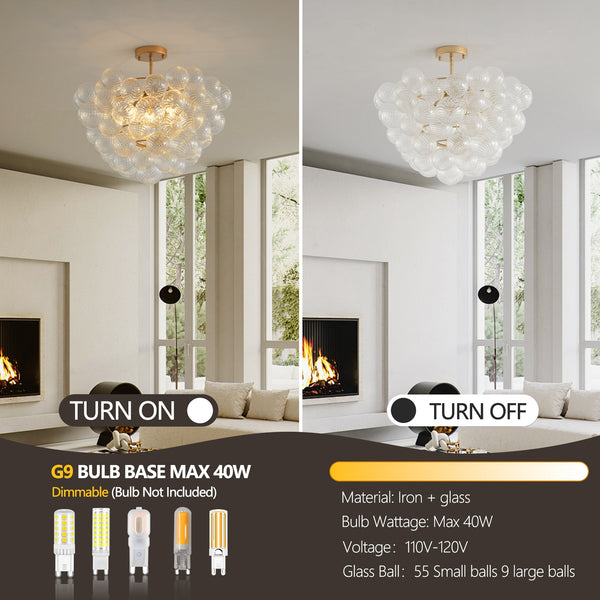 Gold Pendant Chandelier with Threaded Clear Glass Globe Shade for Living, Dining & Kitchen
