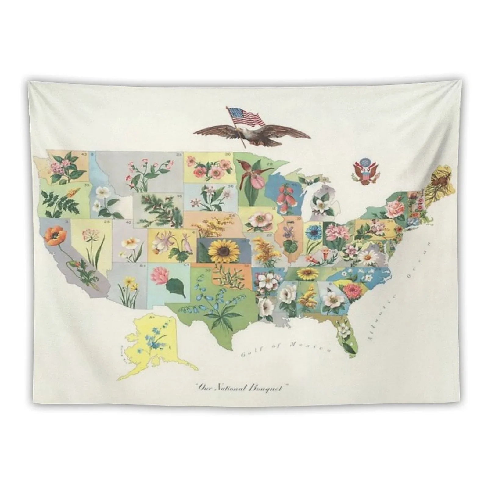 Vintage US State Flower Map Tapestry