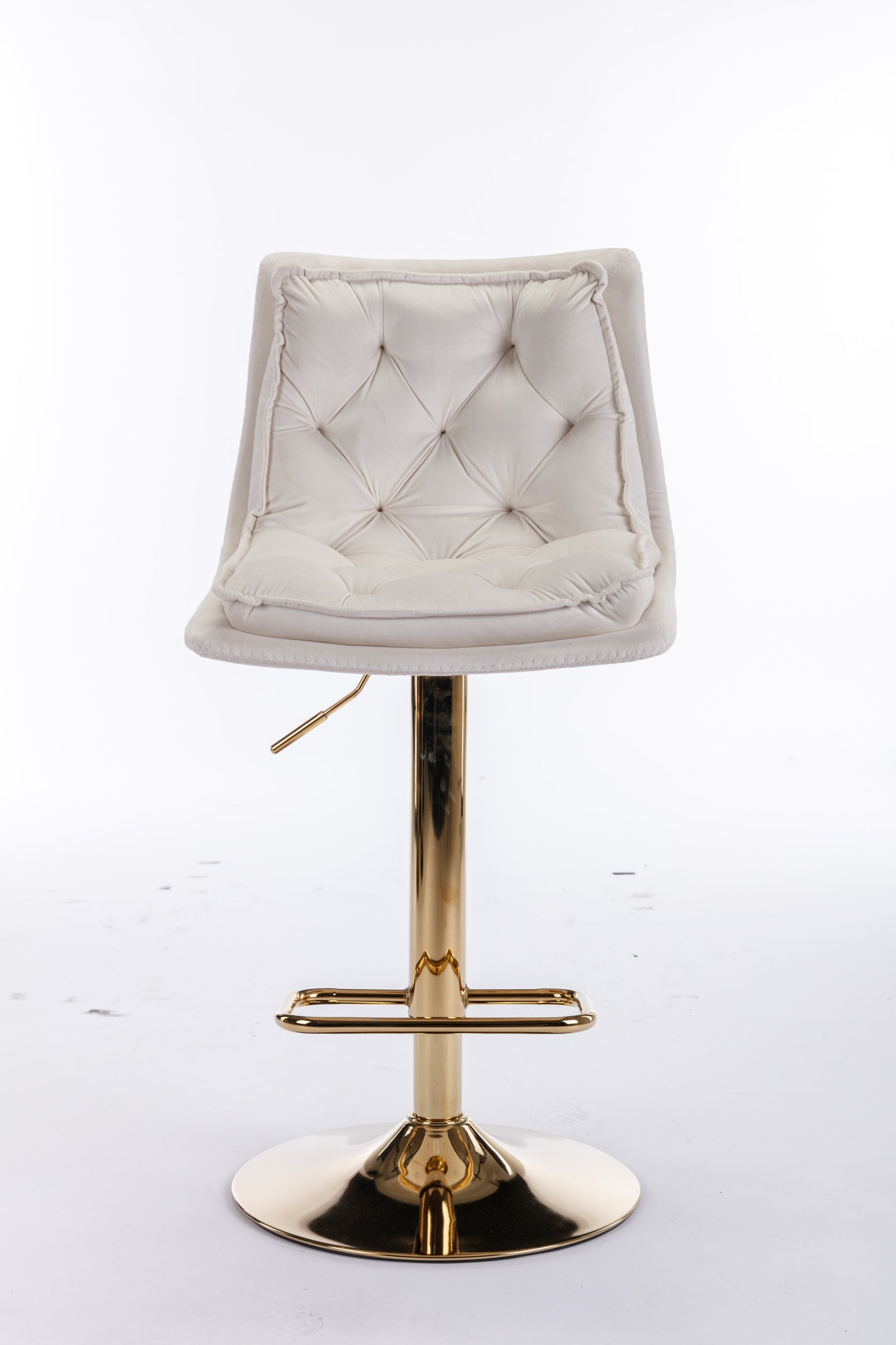 Set of 2 Bar Stools — Chrome Footrest, Swivel Height-Adjustable Velvet Seat, Golden Legs