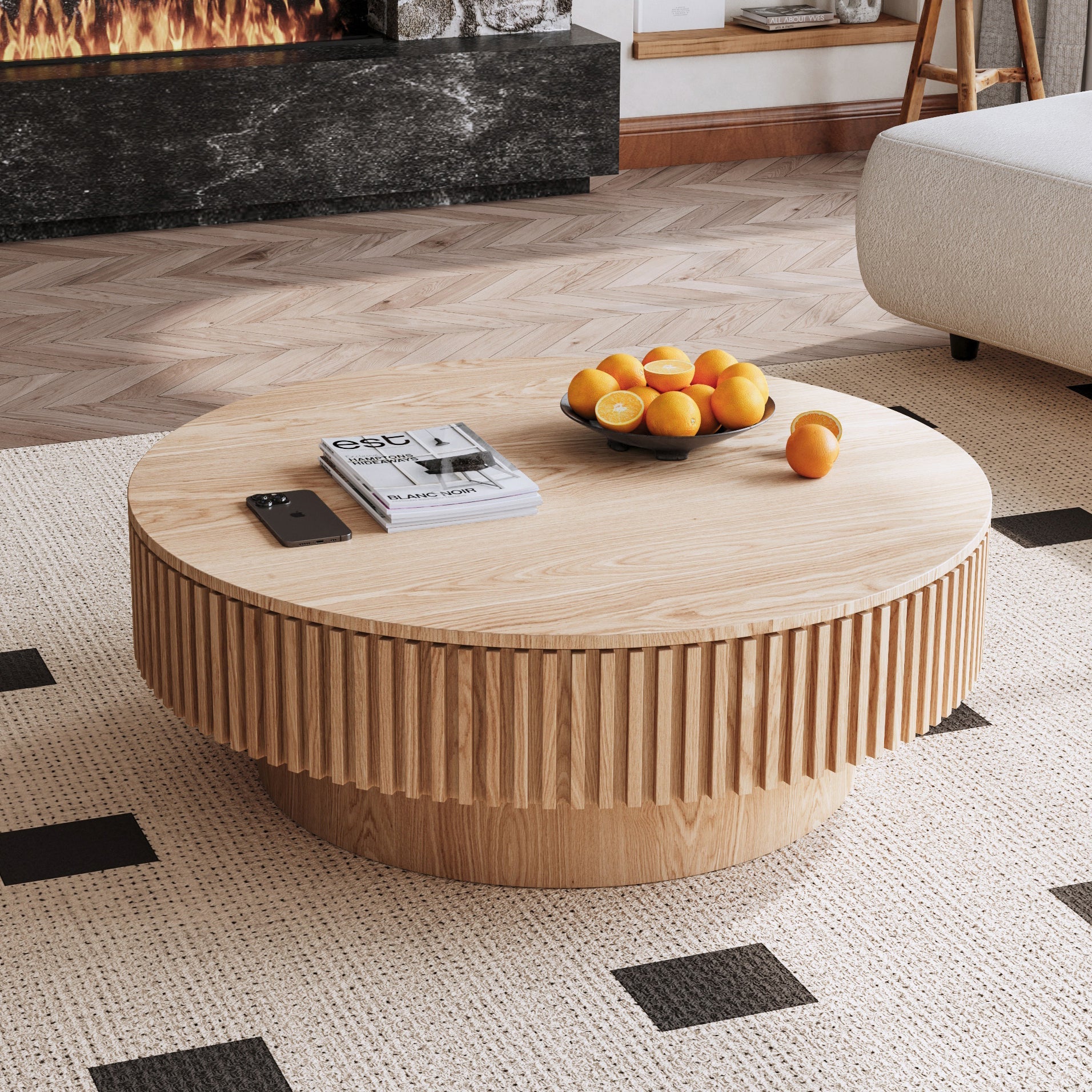 39.37'' Round Coffee Table with Storage Solid Wood Veneered Modern Coffee Table Accent Tea Table for Living Room, Bedroom, Apartment or Office, Natural Wood