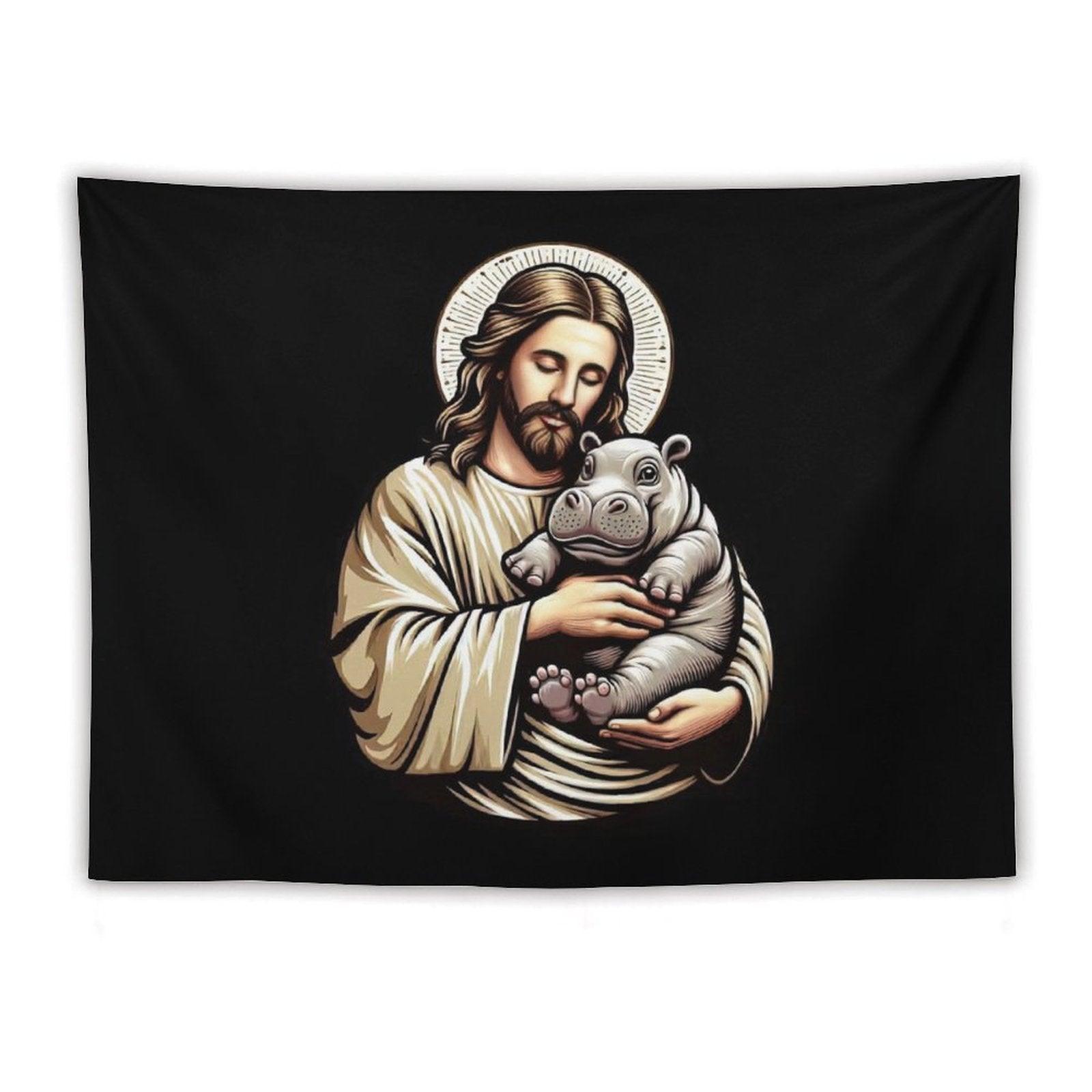 Jesus Loves Moo Deng Bouncy Pig Cute Baby Hippo Tapestry