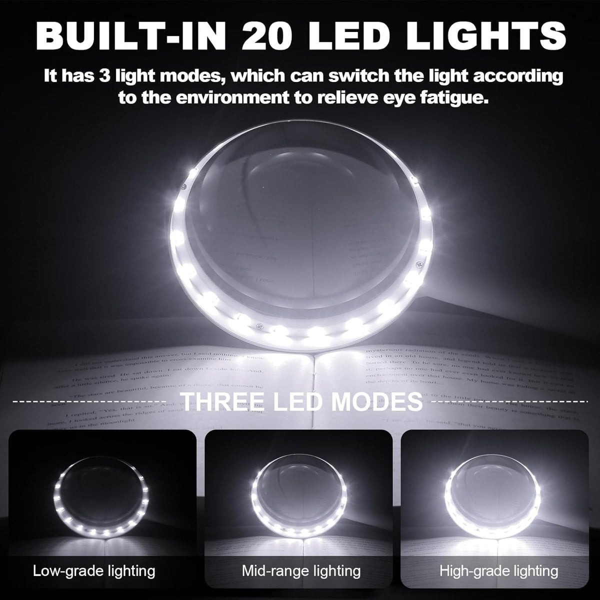 30X LED Magnifying Glass with Light | Large Handheld Magnifier for Reading & Inspection