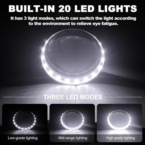 30X LED Magnifying Glass with Light | Large Handheld Magnifier for Reading & Inspection