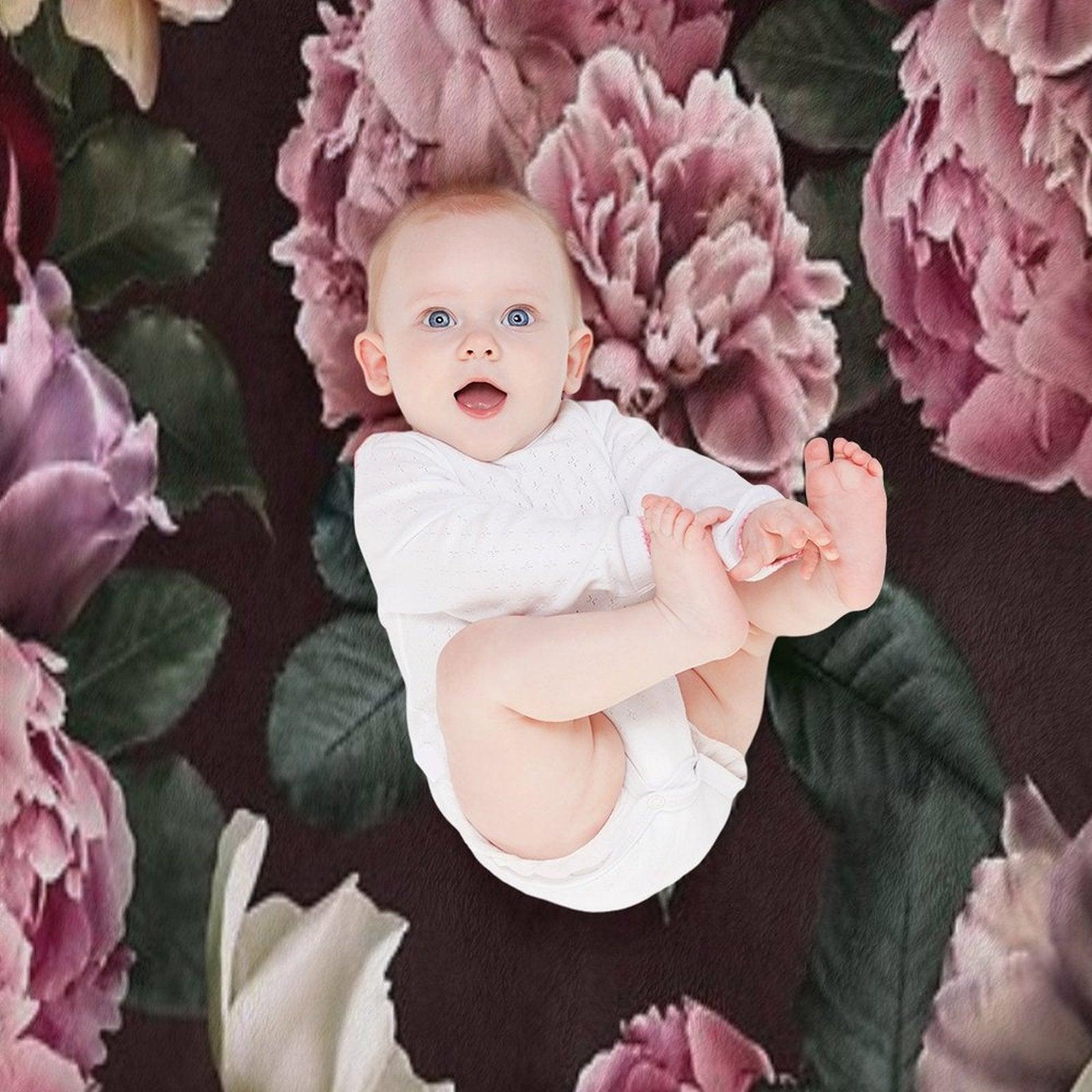 Vintage Bouquets of Pink Lush Peonies, Purple Tulips, Roses And Dark Red Anemones. Throw Blanket