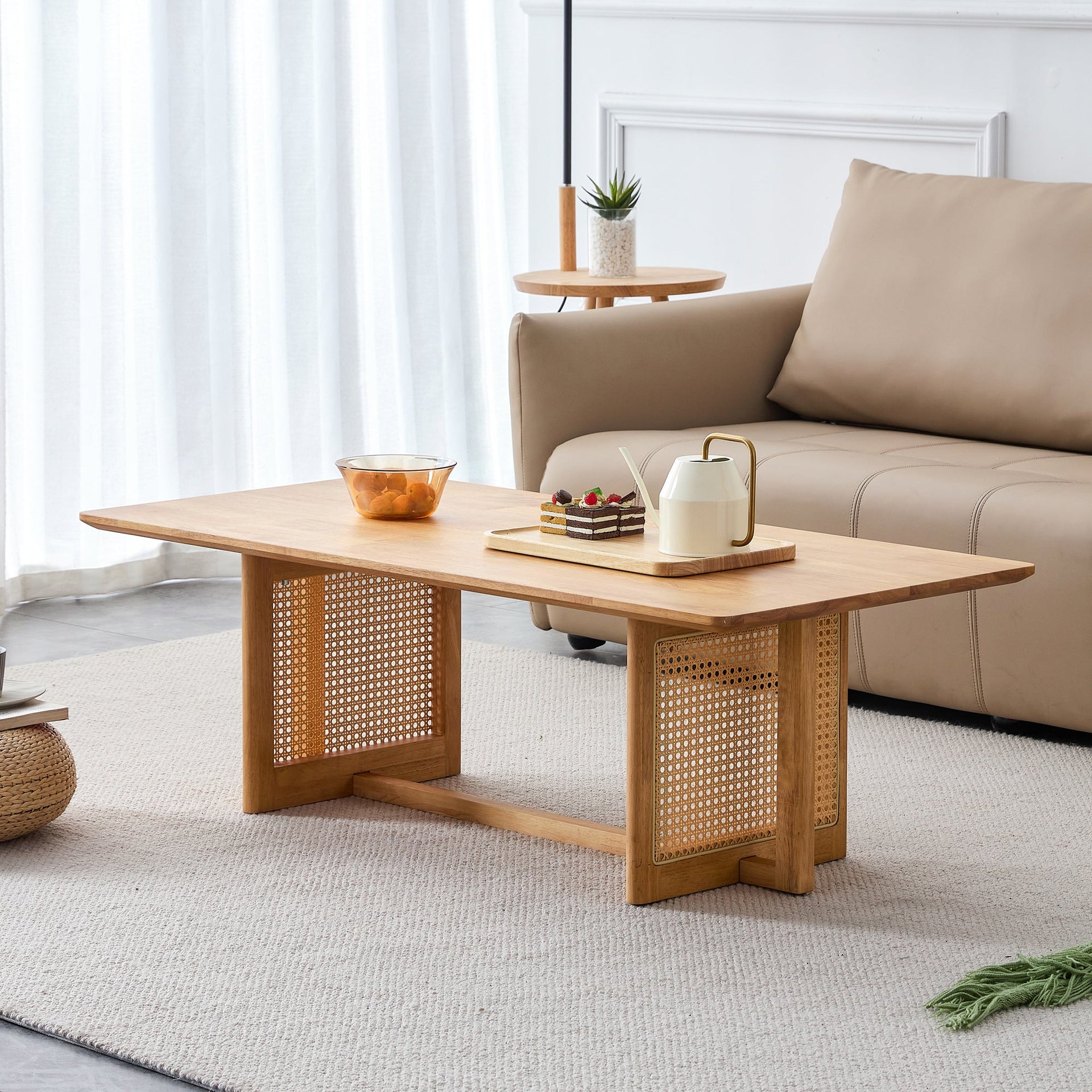 Natural Rubberwood and Solid Wood Coffee Table with Rattan Weave, Modern Minimalist