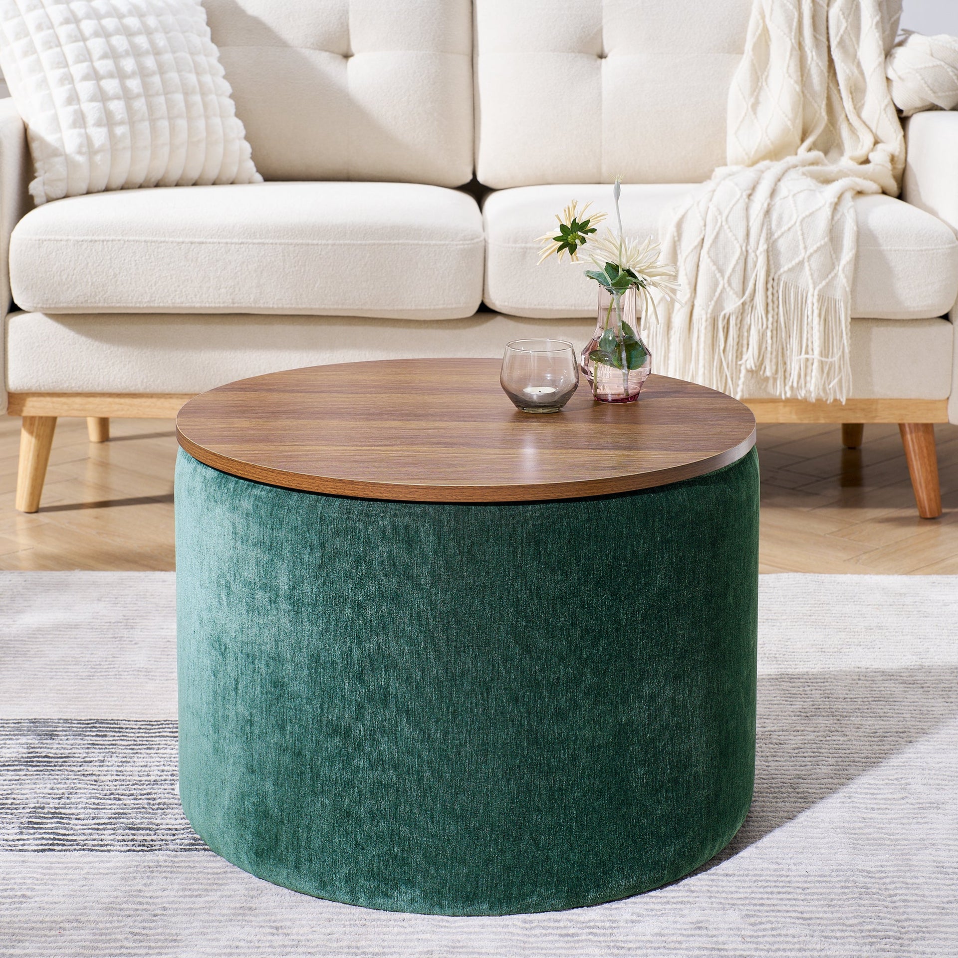 2-Piece Round Chenille Storage Ottoman Set with Drum Stool and MDF Desktop Panel