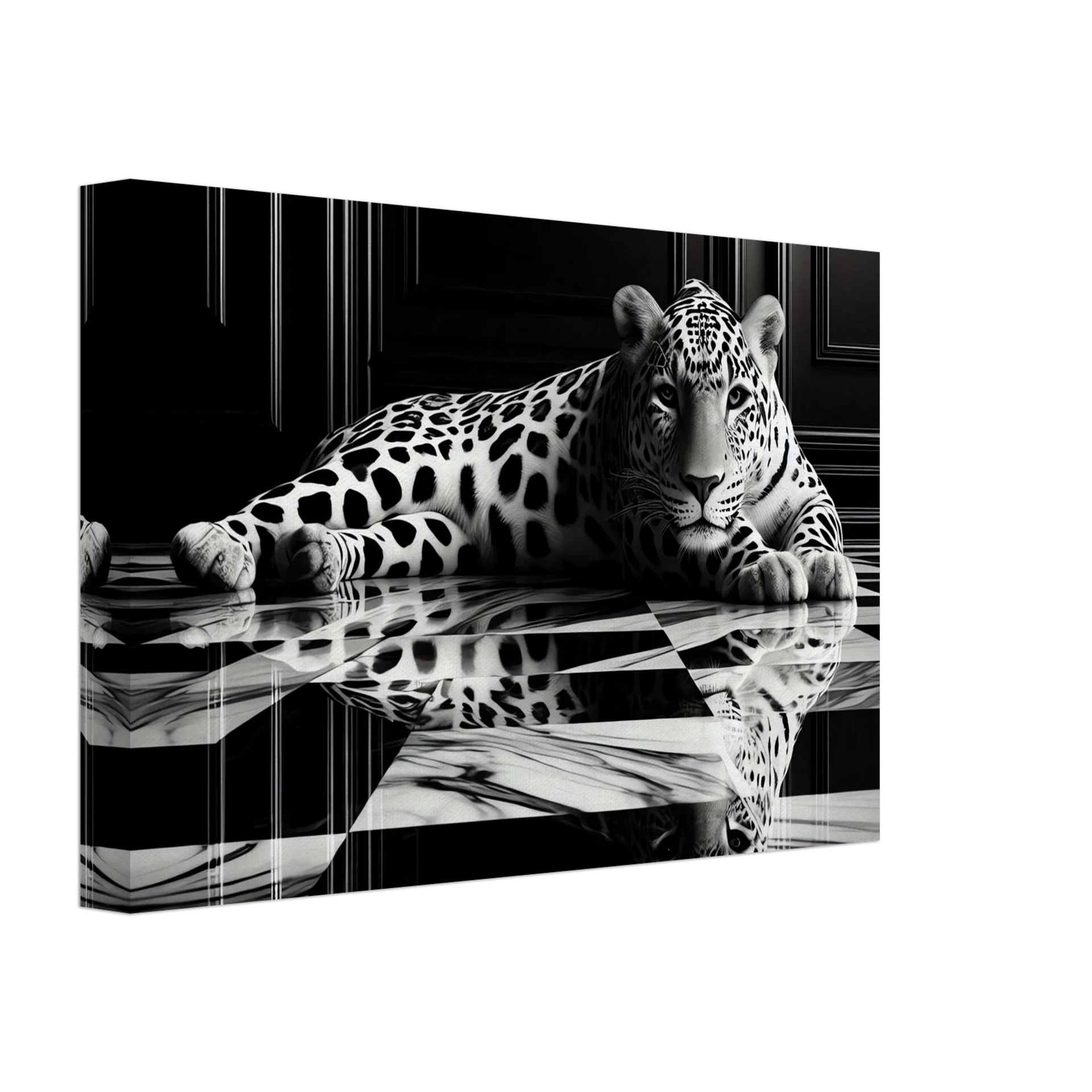 Leopard Canvas Art Print – Striking Design on Black & White Checkered Marble Floor