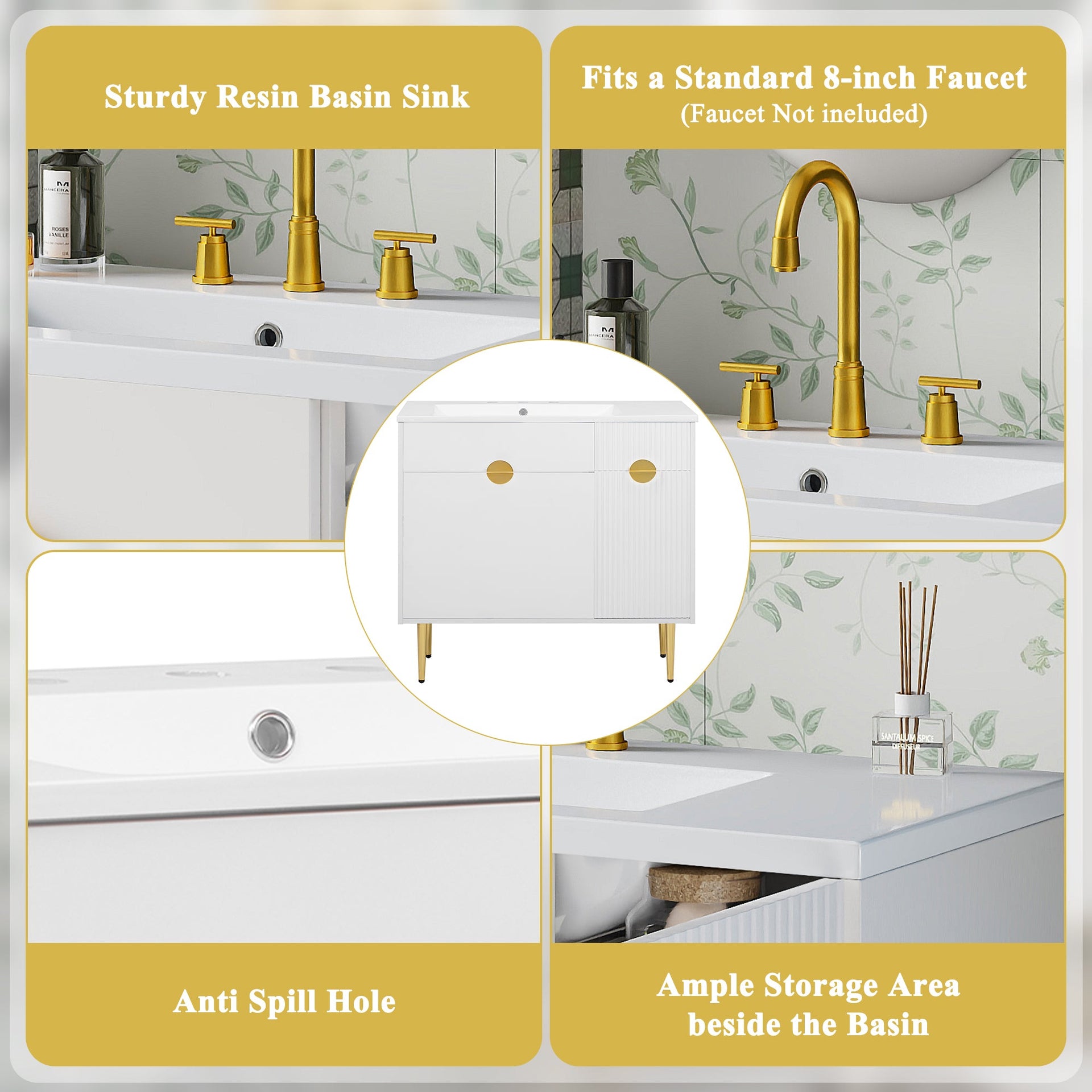 36' Bathroom Vanity with Resin Basin Sink, Modern Bathroom Sink Cabinet, Storage Cabinet with Soft-Closing Door and Drop-Down Door