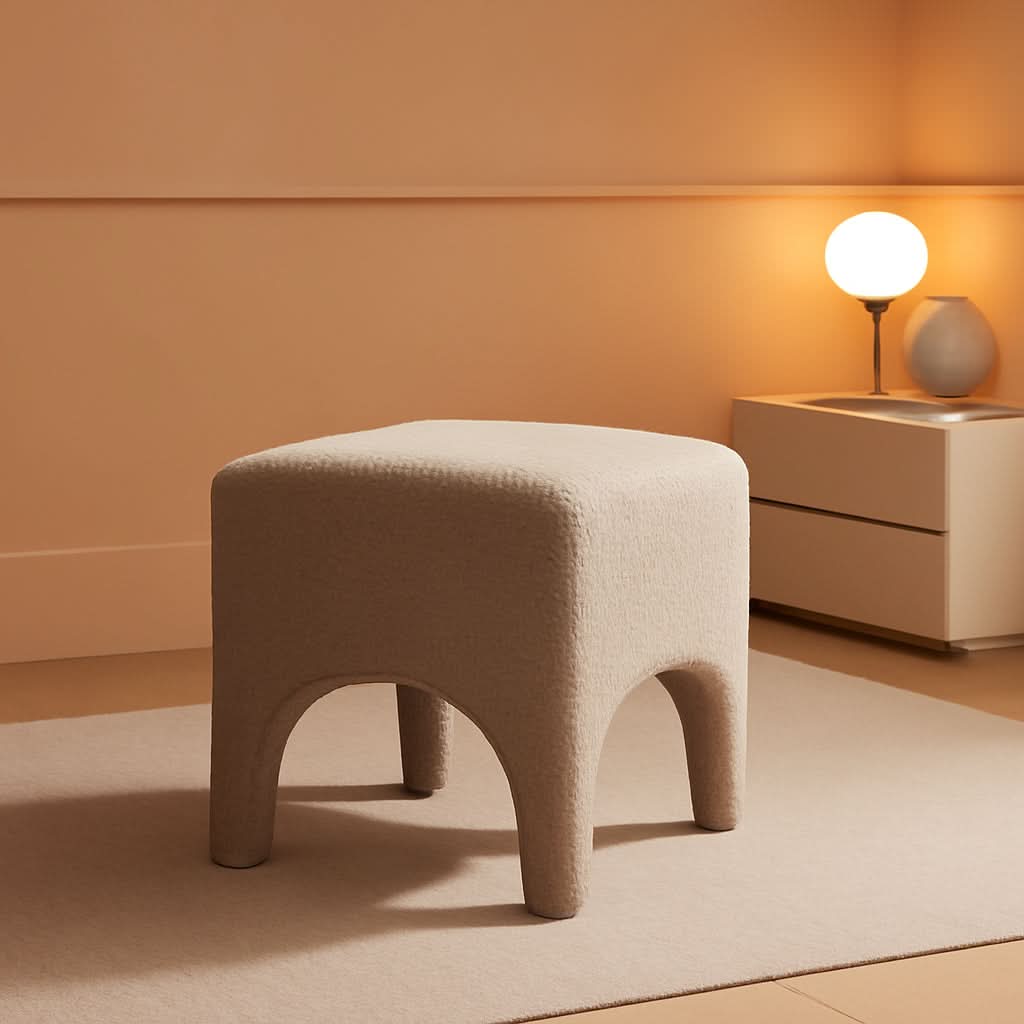 17-Inch Camel Boucle Upholstered Square Ottoman Footstool