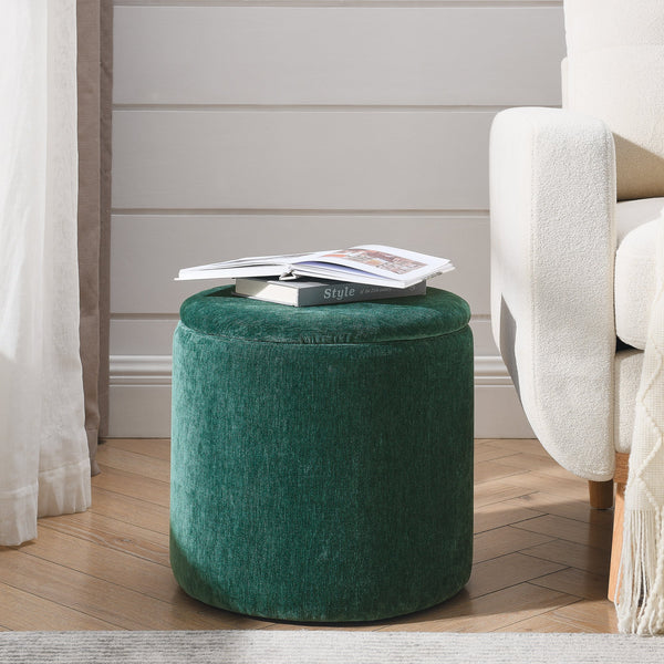 2-Piece Round Chenille Storage Ottoman Set with Drum Stool and MDF Desktop Panel