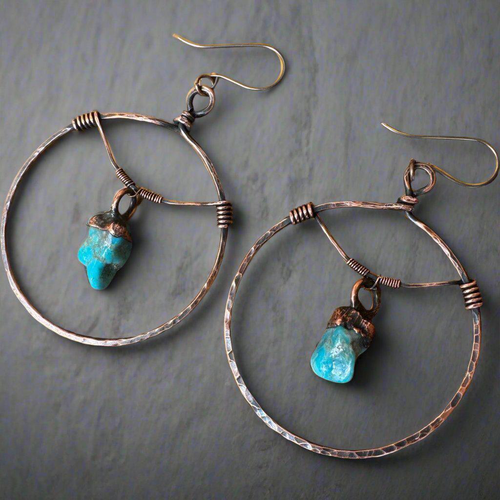 Raw Turquoise Copper Hoops - Statement | Handmade by Blackbird & Sage