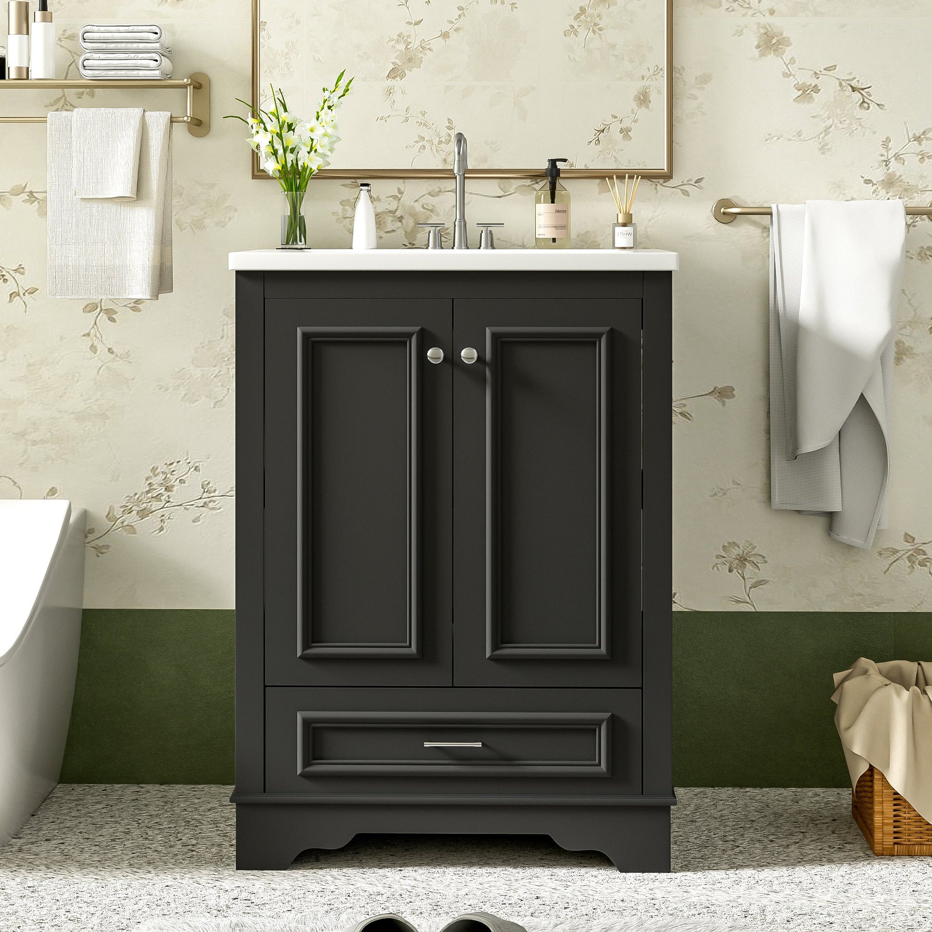 Bathroom Vanity with Ceramic Sink and Modern Freestanding Storage Cabinet, Soft-Close Doors