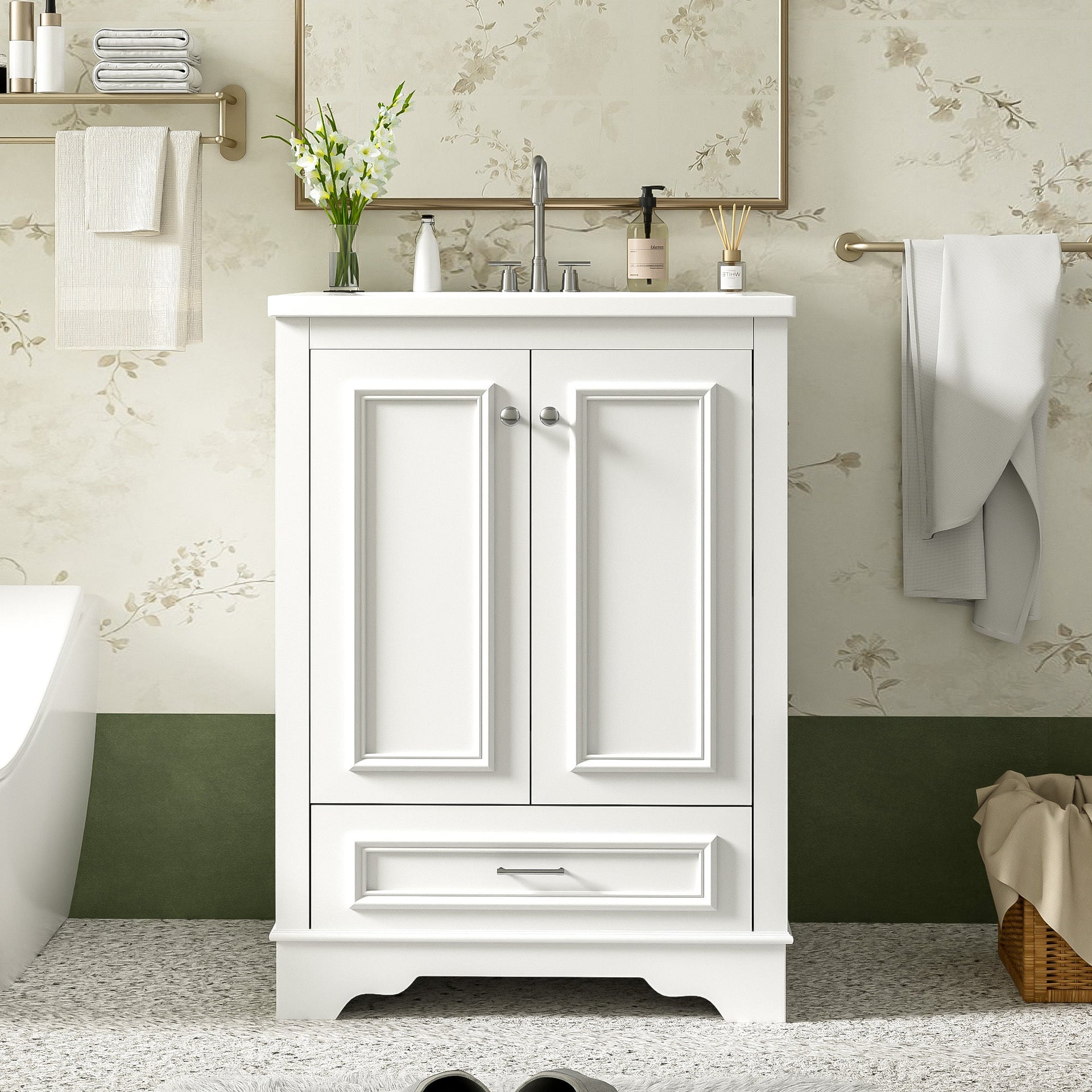 Bathroom Vanity with Ceramic Sink and Modern Freestanding Storage Cabinet, Soft-Close Doors