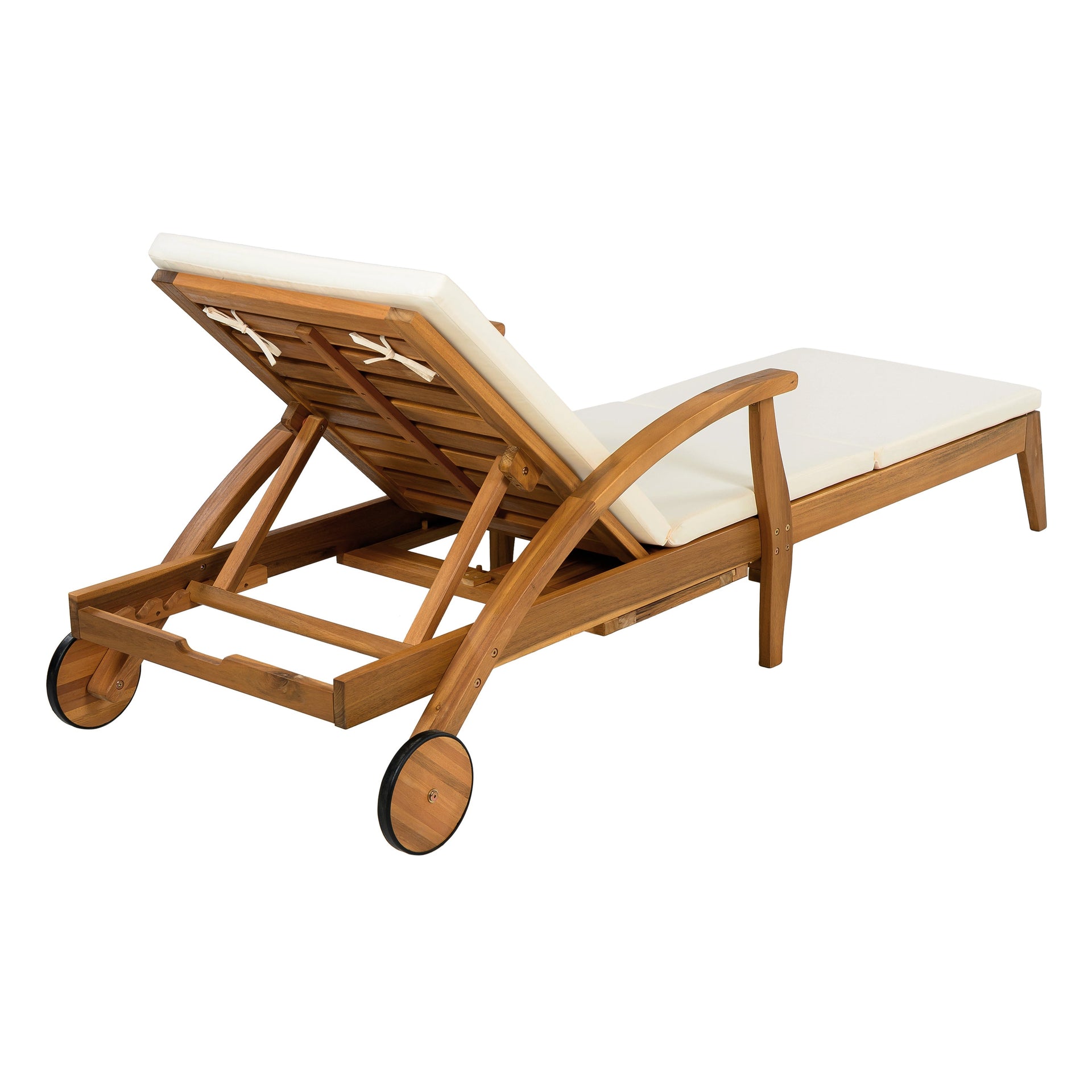 Versatile Chaise Lounge with Wheels - Acacia Wood Recliner for Patio, Cream Cushion, Adjustable Backrest