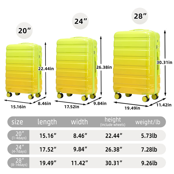 20'/24'/28' 3-Piece PC Spinner Wheel Luggage Set (Yellow+Green)